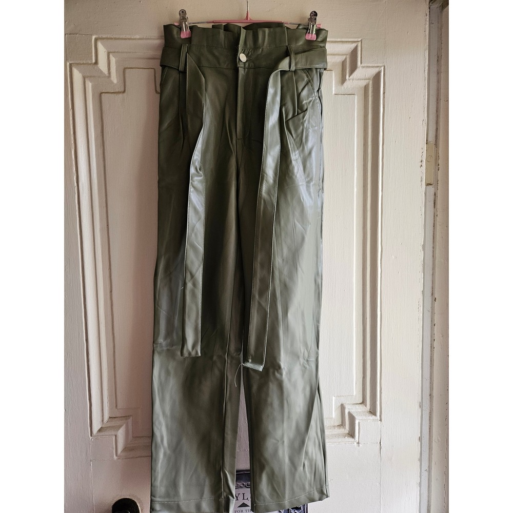 Gilli Olive Green Faux Leather Paperbag Waist Pants Straight Leg MP3493G Small